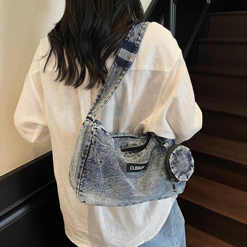 Solid Color Crossbody Bag Underarm Bag Women Denim Bag Commuter Shoulder Bag