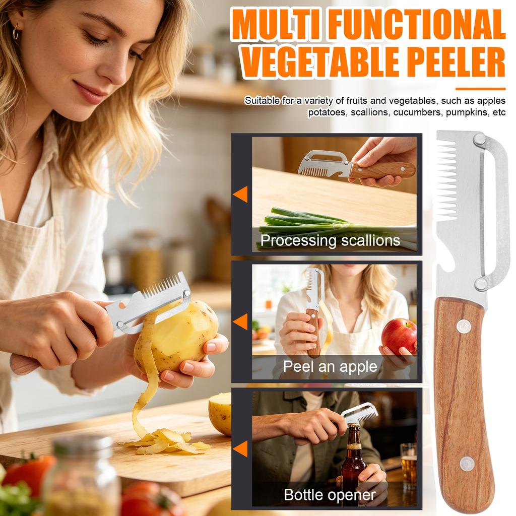 Multifunctional Stainless Steel Vegetable Slicer and Peeler with Wooden Handle for Shredding and Cutting Onions Carrots Cucumbers