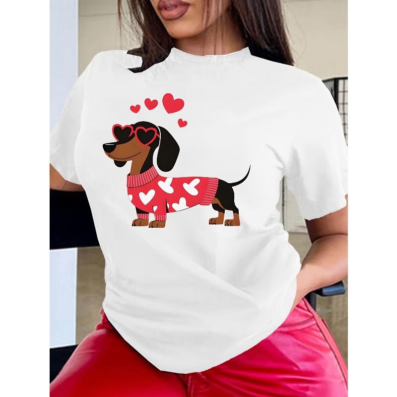 Plus Size Women s T-Shirt Colorful Puppy Print Crew Neck Short Sleeve Summer Casual Comfort Top S белый