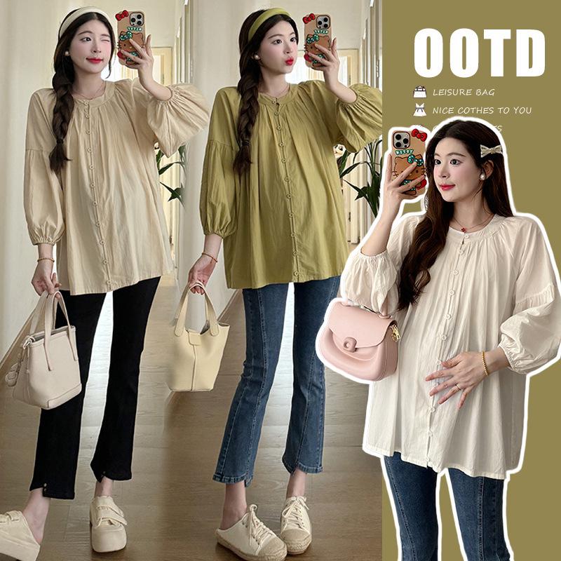 

2026 Spring/Summer Bestseller: Versatile Fashionable Maternity Top with Round Neck & Lantern Sleeves, Ideal for Breastfeeding. Medium хакі