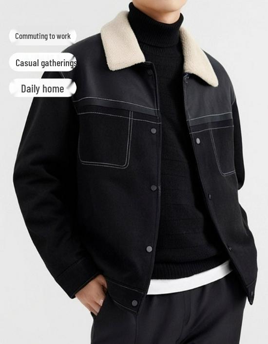 Men's Winter Short Suede Jacket with Velvet Lapel and Lamb Wool Padding