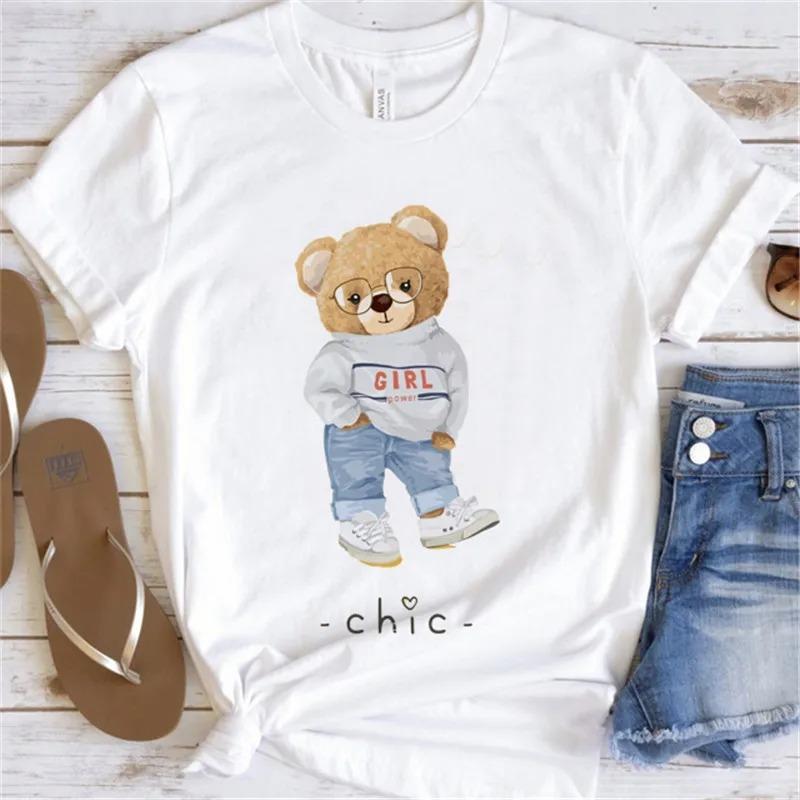 Cute Bear Print Shirts White Fashion Women T-Shirts Harajuku Kawaii Clothes Short Sleeve Summer Tees Casual Female Tops O-Neck