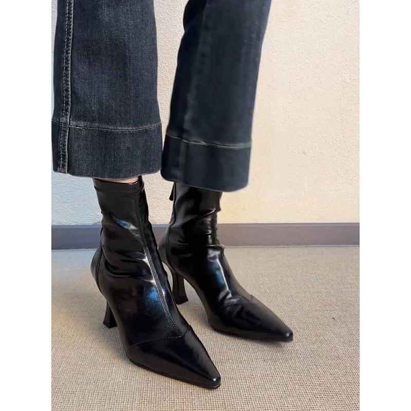 High Heel Pointed Short Boots Slim Heel Elastic Boots Women's Soft Leather Zipper Skinny Boots