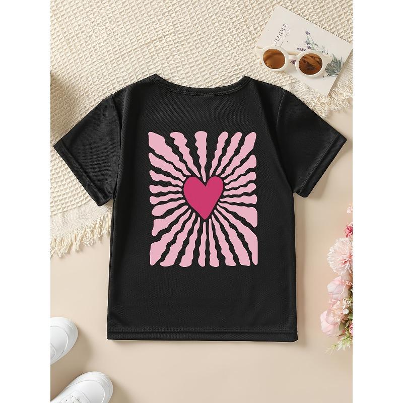 European sizes Summer Fashion Girls' Short-Sleeve T-Shirt with Heart Cartoon Pattern Double-Sided Print, Casual and Versatile Top