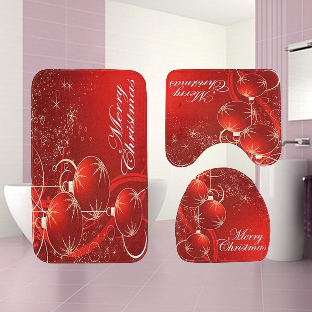 3 In 1 Christmas Ball Pattern Bathroom Mat Set Antiskid Washroom Carpet Mat Toilet Seat Lid Cover (Red)