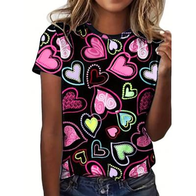 Damenmode Locker Lässig Kurzarm T-Shirt mit Digitaldruck Rundhalsausschnitt