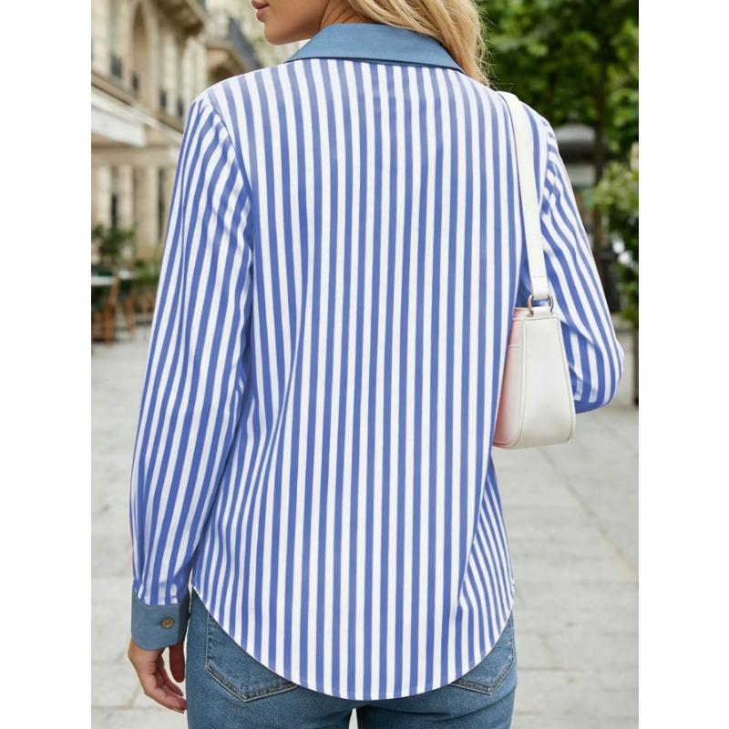 Women Color Block Stripe Splicing Loose Long Sleeve Collared Shirt