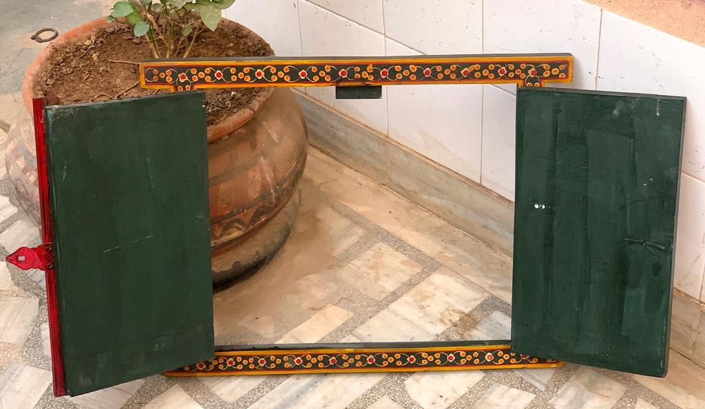 Painted Jharokha Wooden Frame: Antique Hindu God Ganesha Wall Decor