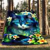 1pc Blue Cat Flowers Print Outdoor Blanket, Lightweight Polyester,