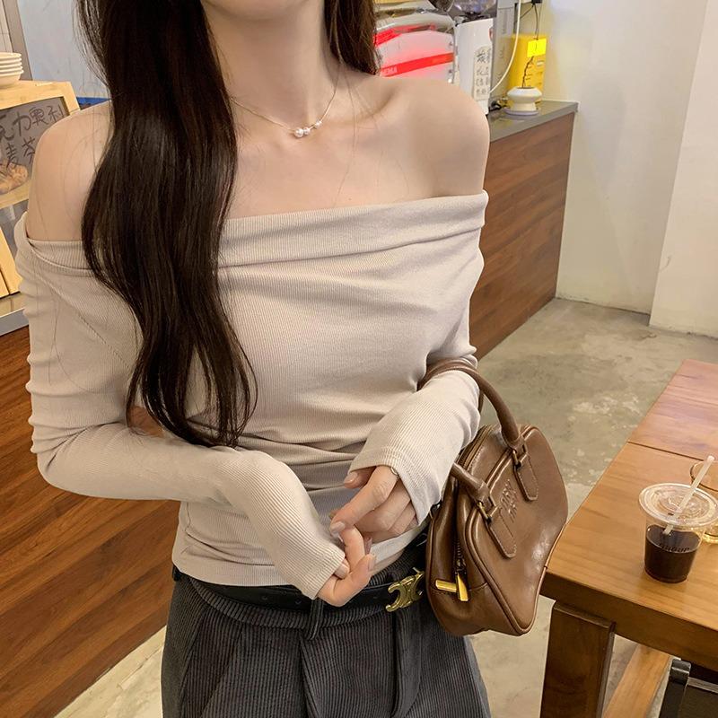 Premium sense one-word shoulder swing collar slim-fitting bottoming shirt women's spring sweet and spicy versatile top long-sleeved shirt