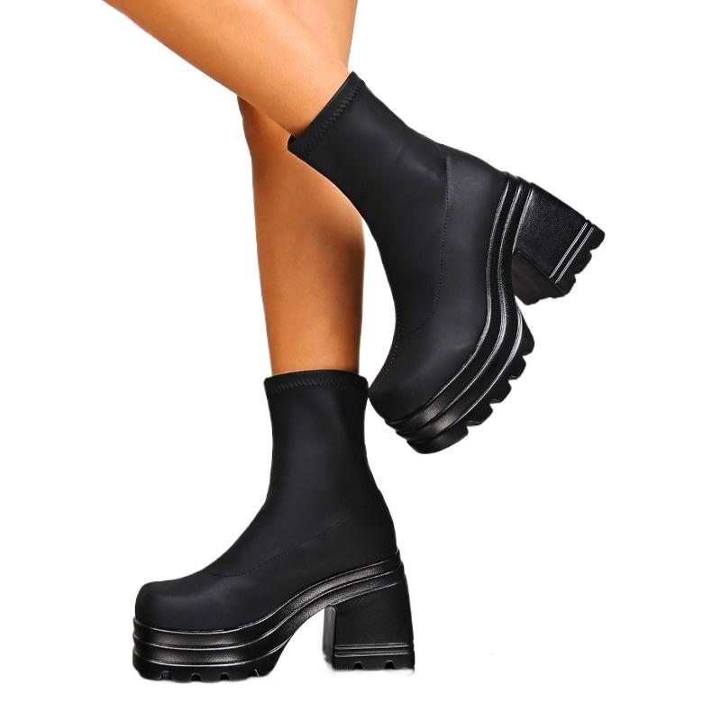 Fashion 10.5 Cm Chunky Heeled Sock Boots for Women Slip On Stretch Fahric Minimalist Platform Boots Goth Mid Calf Comfortable