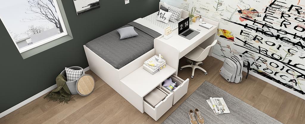 Children's Bed, Solid Wood Single Bed with Desk and Drawers, 90 x 200 cm, White, Storage Bed with Slatted Frame, for Boys & Girls (Without Mattress)