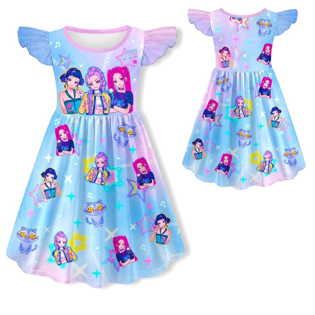 Kpop Hexenjagd Gruppe Peripherie Modisches Muster Kleid Mädchen Flatterärmel Süßes Prinzessinnenkleid Bequemes Kleid