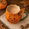 Pumpkin Coffee Mug Smiling Face with Vine Handle And Leaf Design, Resin Spooky Holiday Gift Cup, Creative Water Cup for Halloween Home