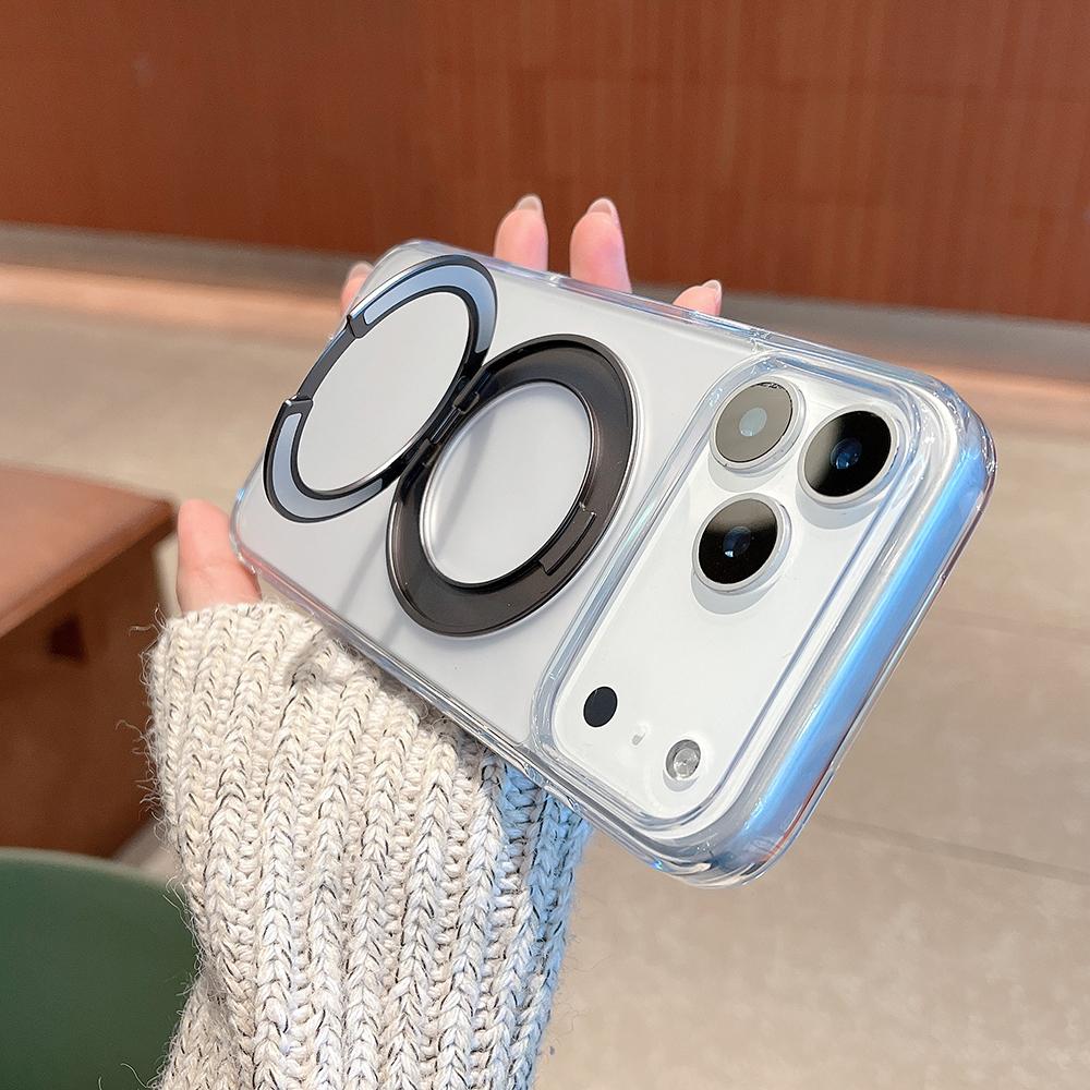 360 Hidden Metal Stand Magnetic Wireless Charge Transparent Case for iPhone 17 17pro 17 ProMax Air For MagSafe Cover Case