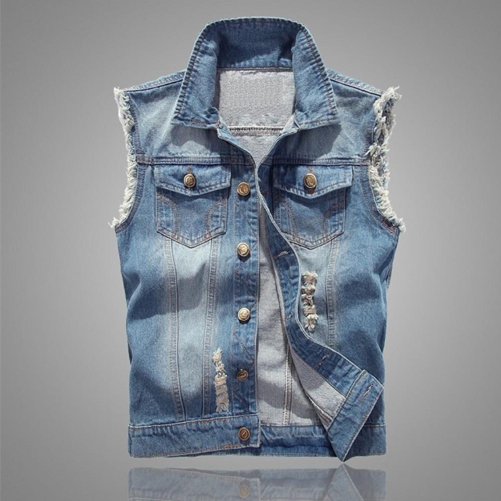 

Новий Весняно-Осінній Вінтажний Дизайн Чоловічий Джинсовий Жилет Чоловічі Чорні Безрукавки Чоловічий Дірявий Джинсовий Жилет 6XL L світло-синій колір