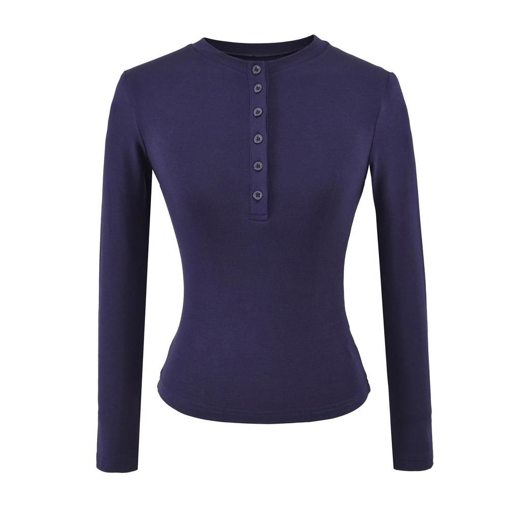 Damen Spicy American Henley Samt-T-Shirt – Warm, Knopfleiste, Langarm für Herbst/Winter, Eng anliegend, Basisschicht