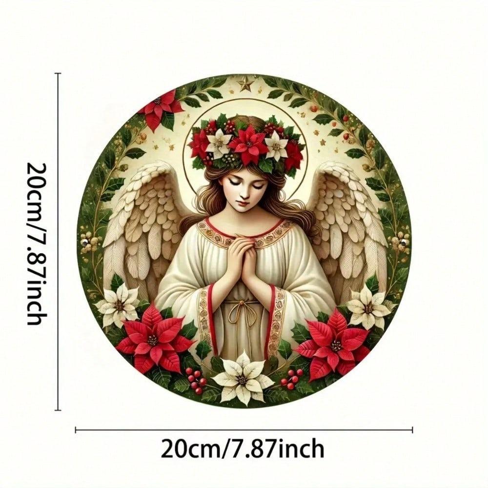 Round Aluminum Wall Art Praying Angel Decor with Floral Wreath Bunny Modern Home Metal Painting Living Room