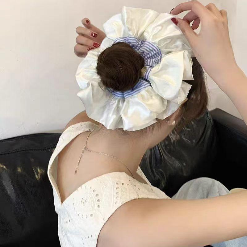 Korean Version, Oversized, Blue Striped Headband, High-end Feel, Ballet Style, Satin Headband with Meatballs, Versatile Headband