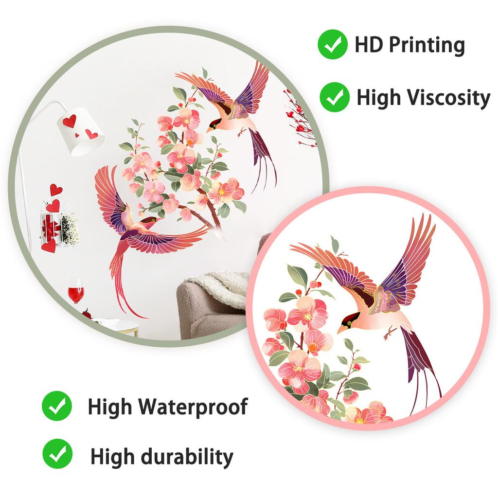 Romantic Flowers and Birds Wall Sticker Self-Adhesive Removable for Bedroom Entryway Home Decor