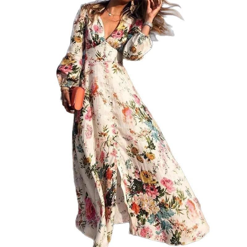 Evropa, Amerika, šaty ebay nezávislá stanice přání hluboký výstřih dlouhý rukáv tištěné šaty