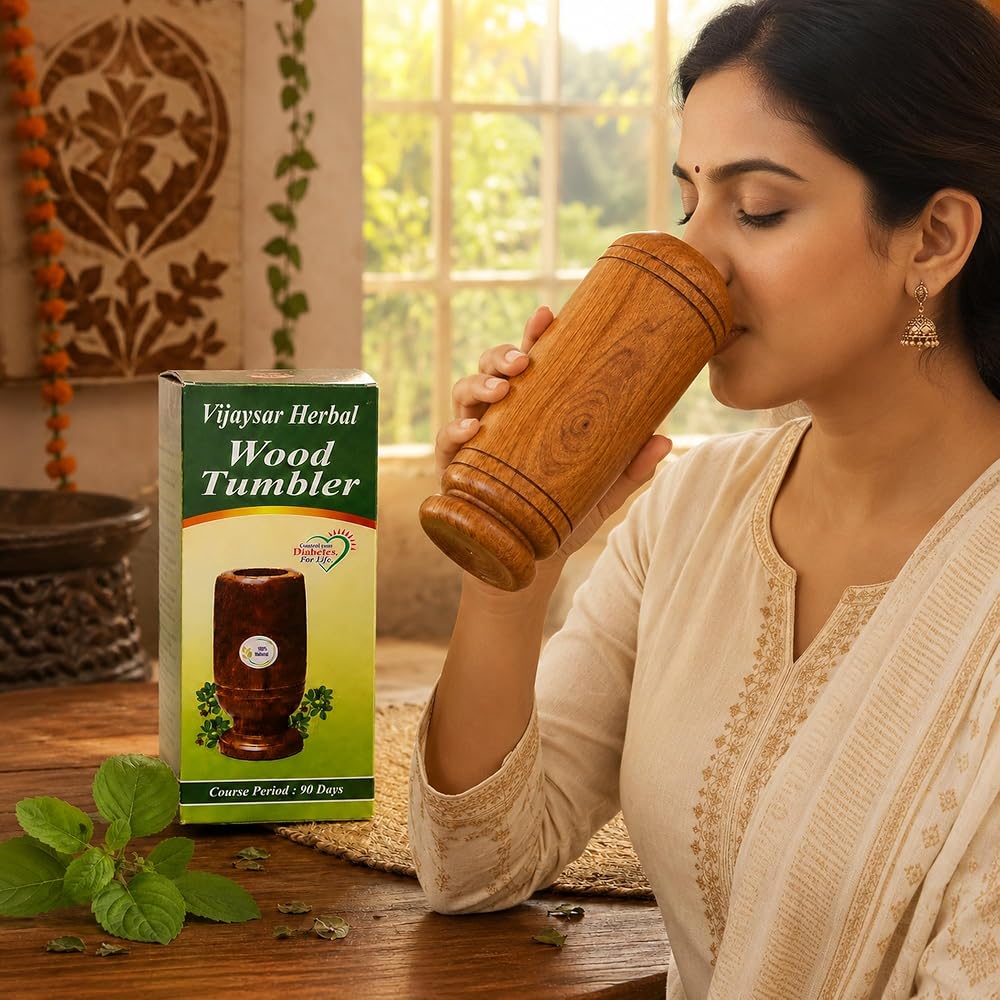 Ayurvedic Vijaysar Herbal Sugar Care Glass 100ML, Lab Certified & Approved by Ayurvedic Doctors, Original Vijaysar Wood Glass for Diabetes, Wooden
