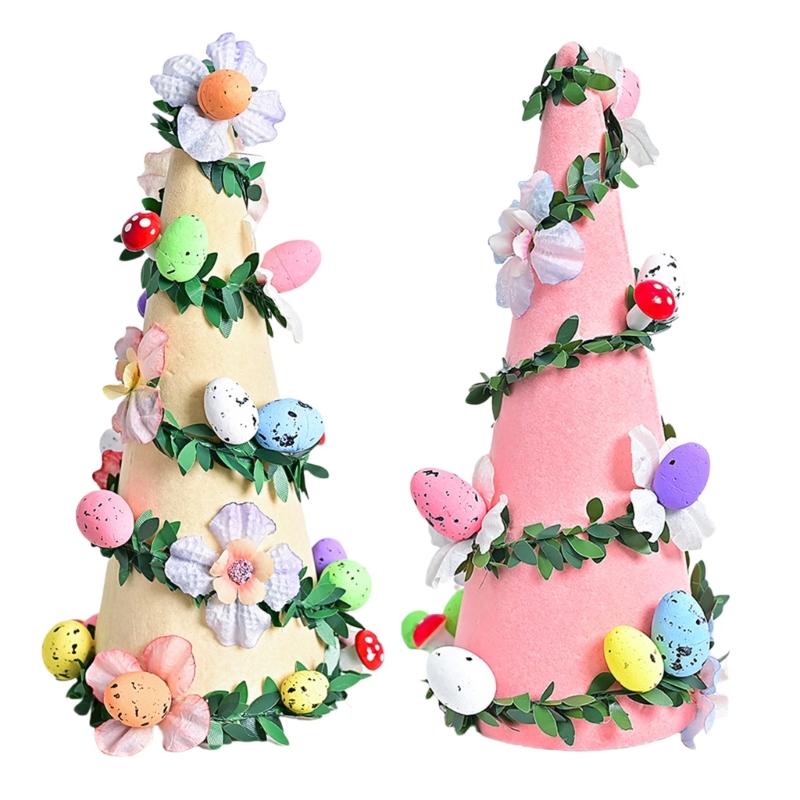 Flocking Textured Easters Eggs Flower Tree Figurine Decoration for Holiday Living Room and Bedroom Tabletop Ornament