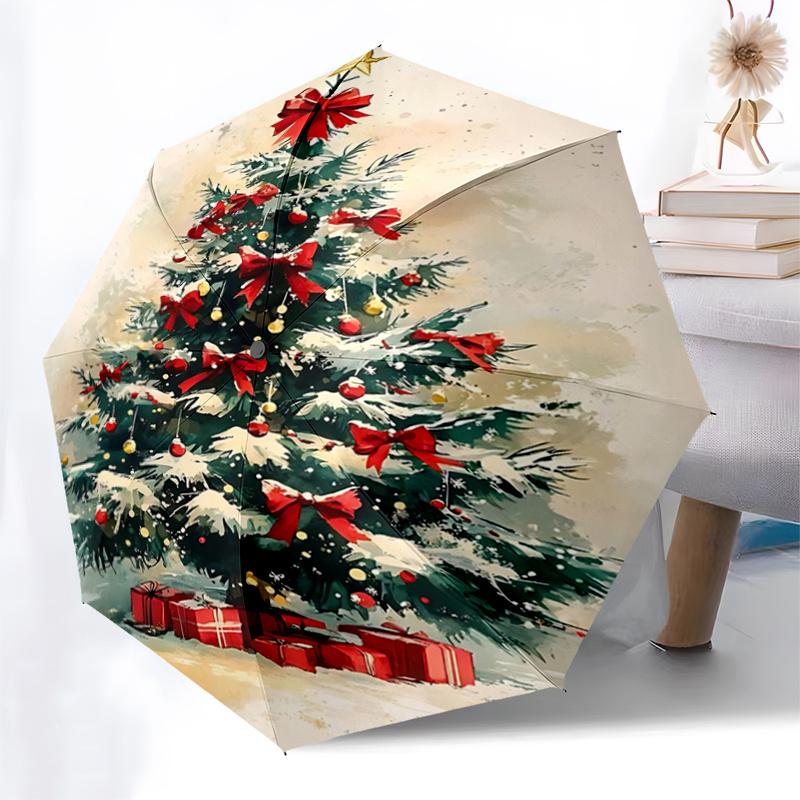 Christmas Tree with Red Bow Decorations - Automatic Opening Umbrella, Portable Folding Design, 8-Bone Iron Frame, Outdoor Rain Shelter, Fest