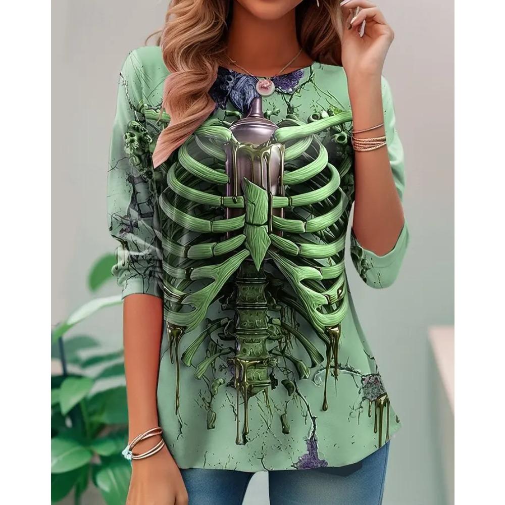 Women's Halloween 3D Printed Skull Long Sleeve T-shirts Autumn Loose Casual Round Neck Fashion Top
