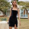 Ladies Elegant Solid Color Velvet Sexy Party High Split Pencil Dress