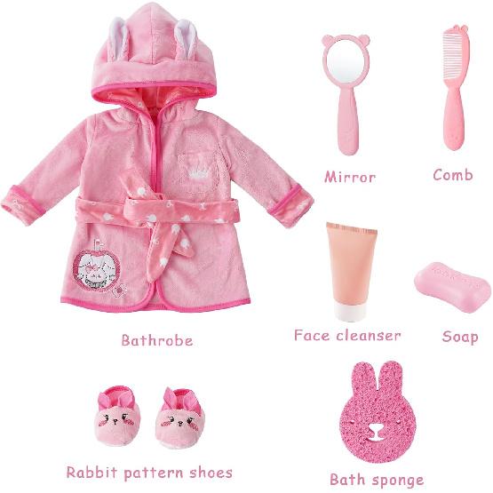 7 PCS Reborn Baby Doll Bathrobe Rabbit Pattern with Slippers and Bath Playset for 17-22 Inch Baby Doll Accessories with Mirror, Comb, Soap, and Bath