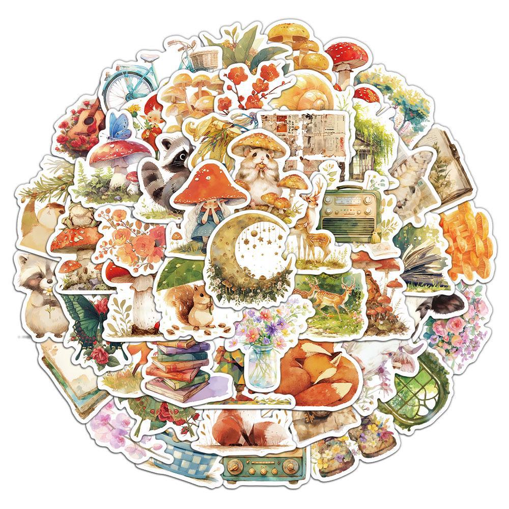 50 Fairy Tale Forest Adventure Stickers: Cartoon Animals, Mushrooms - Waterproof for DIY Phone Cases, Water Bottles, Notebooks