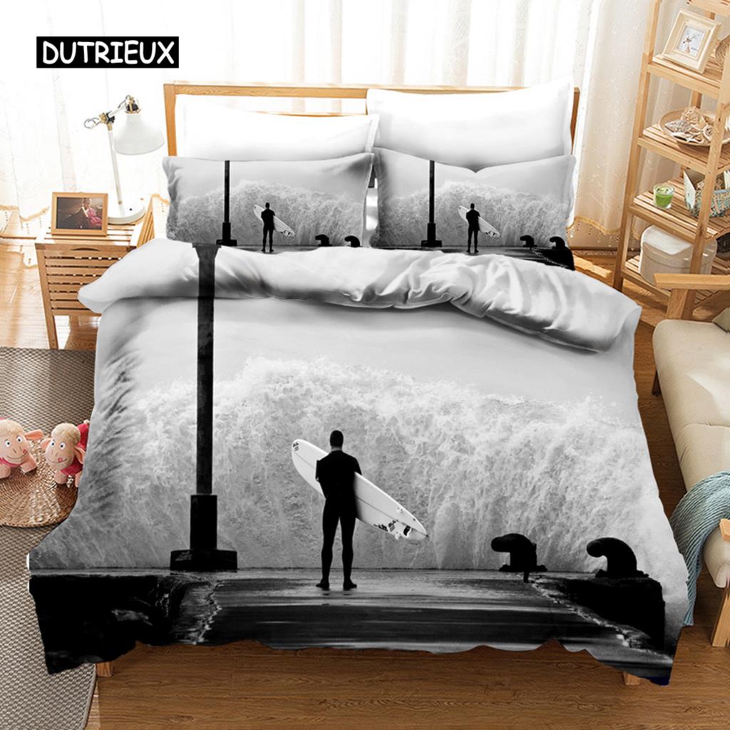 Surfing Duvet Cover Set Surfboards Youth Ocean Sport Theme Bedding Set For Teens Polyester Waves Surfing Ocean Queen Quilt Cover