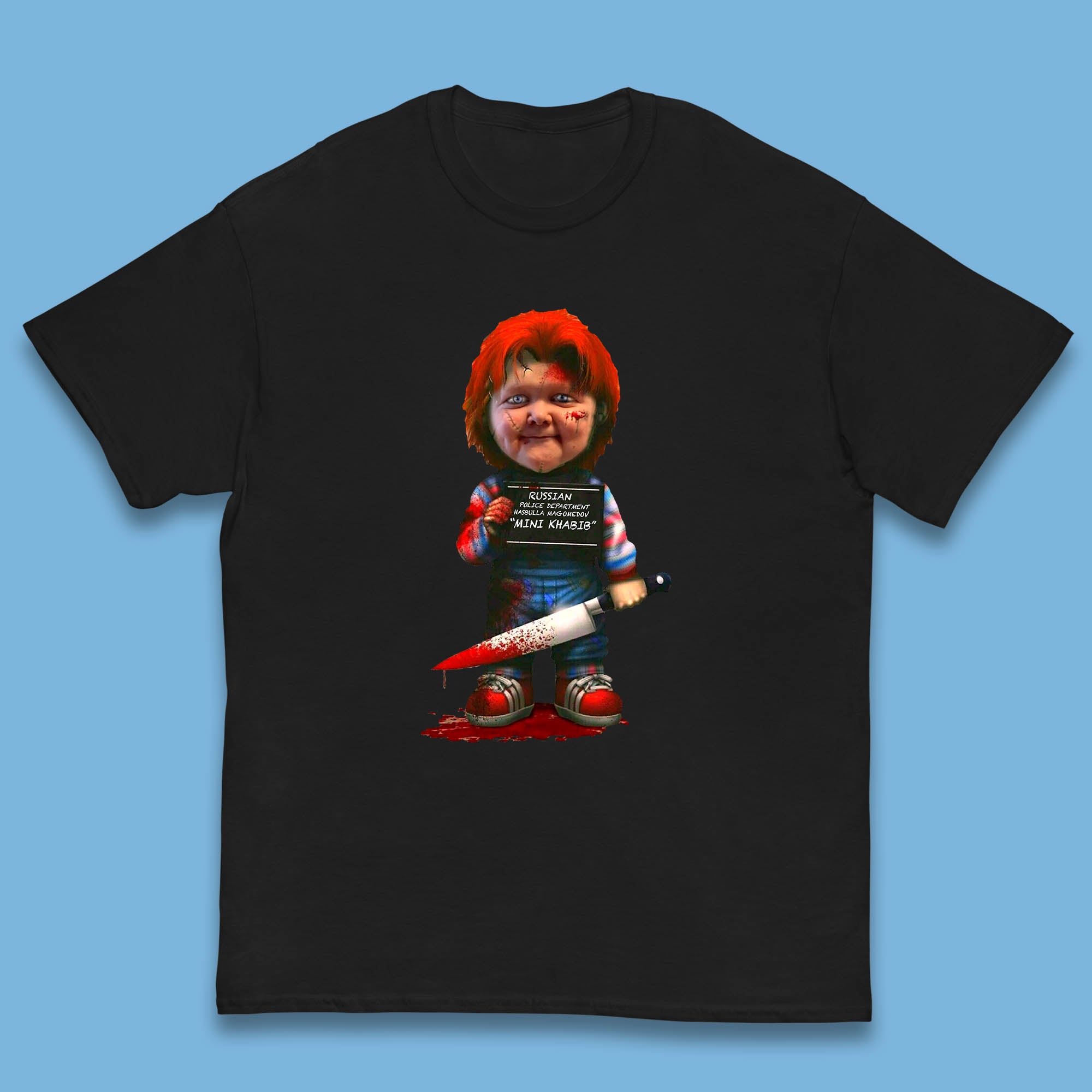 Chucky Mug Shot Russian Police Dept Hasbulla Magomedov Chucky Mini Khabib Inspired Halloween Horror Movie Good Guy Chucky Kids T Shirt 150