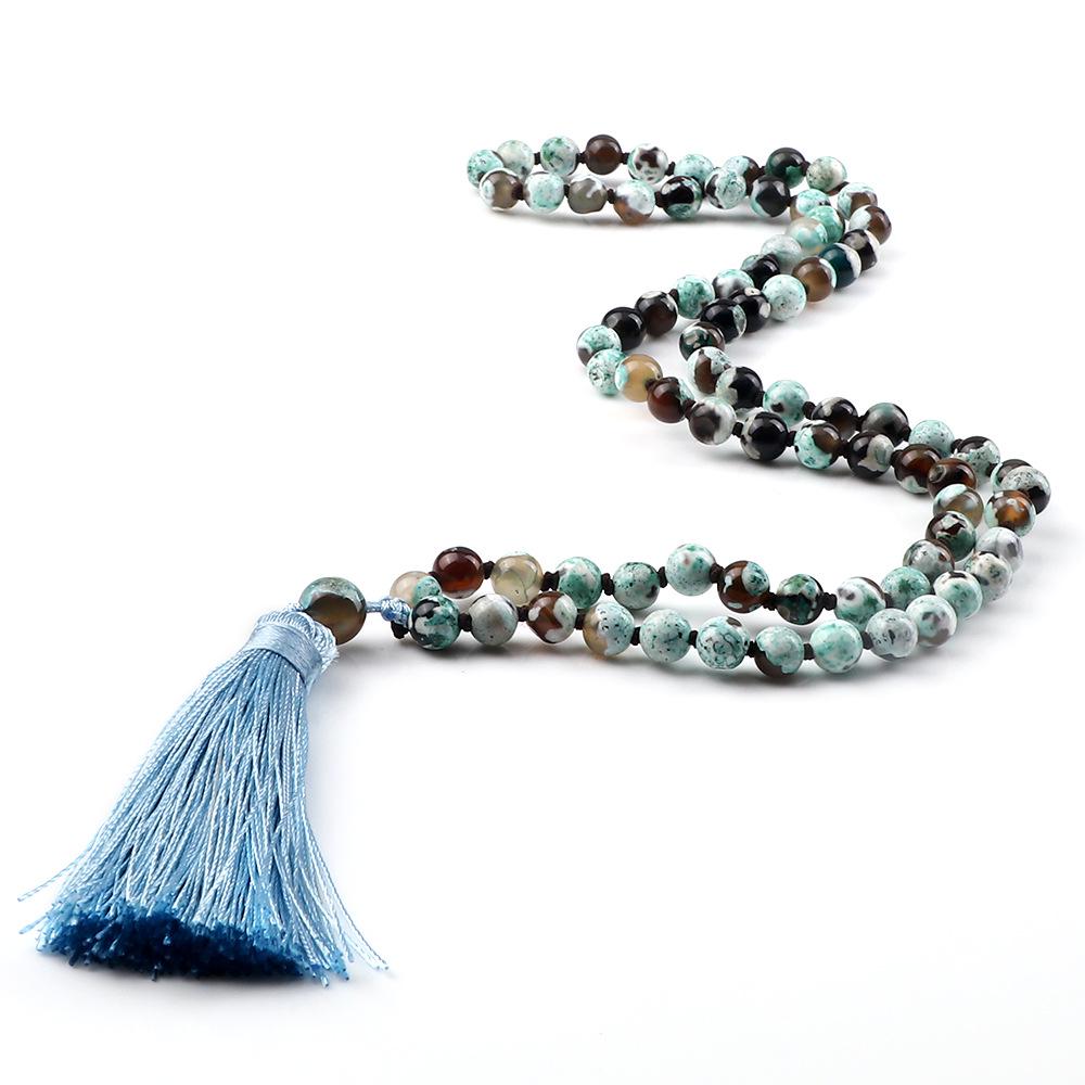 European 8mm Stone Bead Tassel Necklace and Multi-Strand Buddhist Bead Bracelet