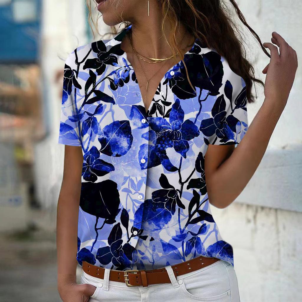 2025 Sommer Neue Mode Damen Blattdruck Kurzarm V-Ausschnitt Lässiges Button-down Hemd Top