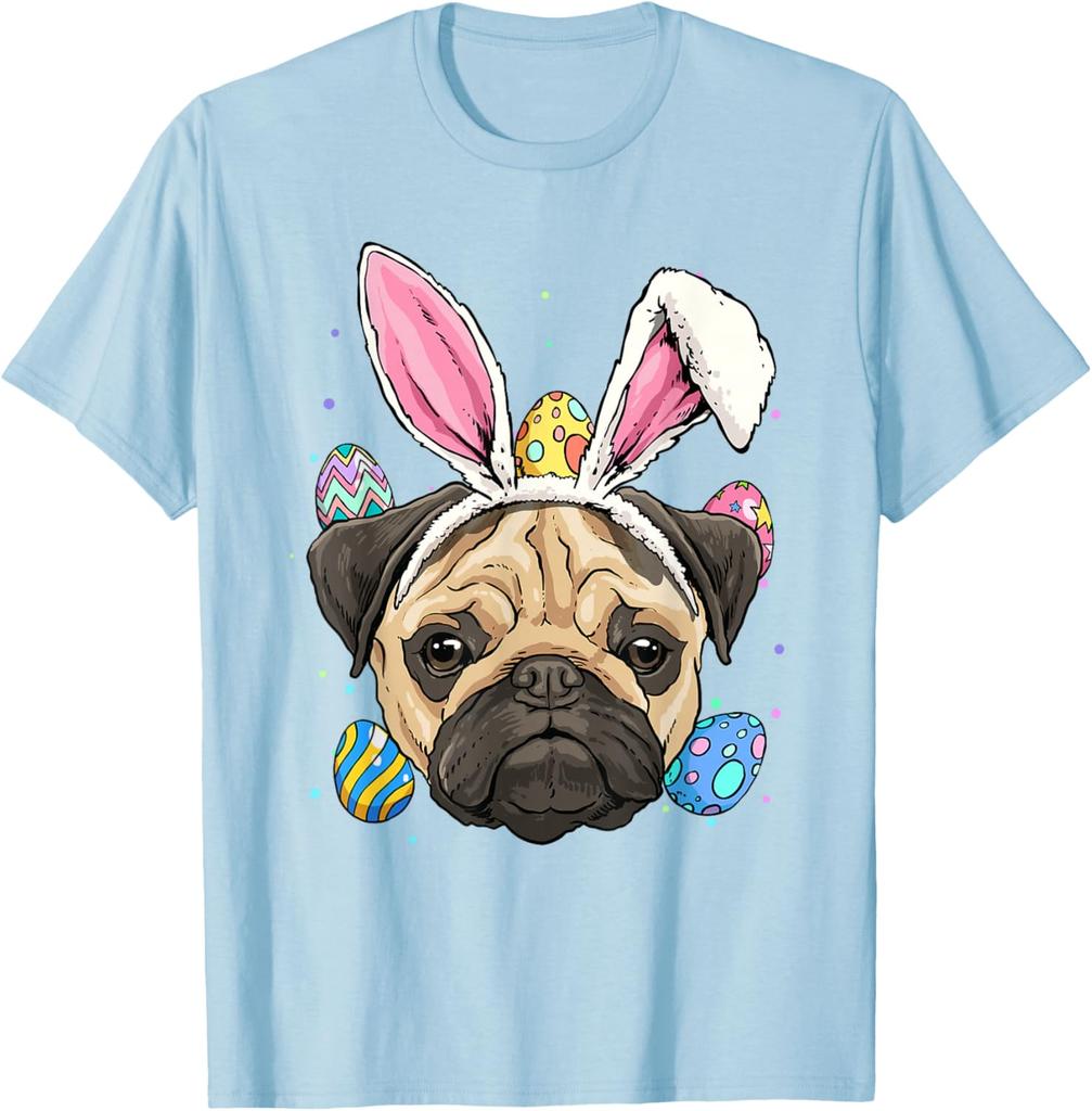 Mops Osterhase T-Shirt Niedlicher Hund mit Hasenohren Grafik-T-Shirt Frühlingsfeiertagsgeschenk