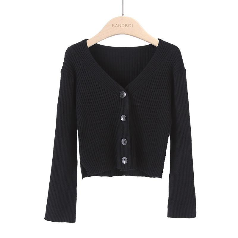 V-neck New Knitted Cardigan Casual Women's Sweater Early Autumn Korean Version Loose Slim Fit Long Sleeved Jacket Short Solid Color Elegant Clothing