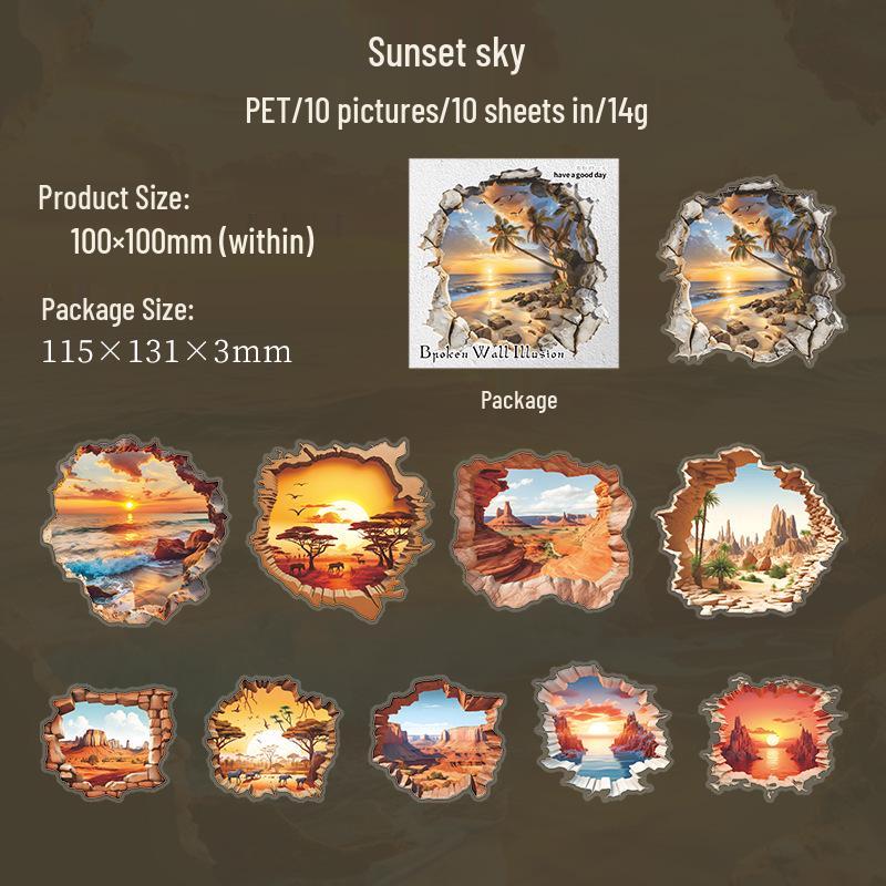 3D Wandillusion PET-Aufkleber: Sonnenuntergang Ozean, Universum, Gletscherlandschaft für Foto-Requisiten & Tagebuch-Dekoration