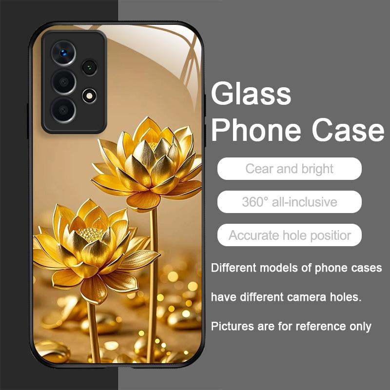 Creative Golden Lotus Flower Pattern Tempered Glass Phone Case for Samsung Galaxy S25 Ultra S24 S23 Plus S22 S21 S20 FE 5G Cover