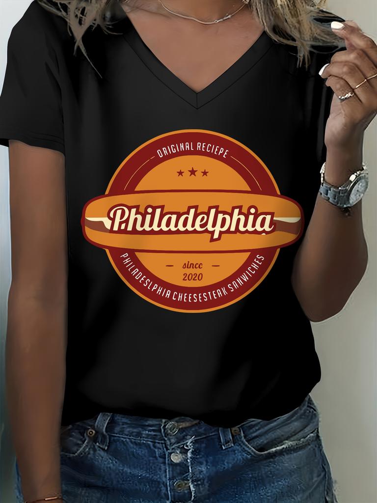 Philadelphia Cheesesteak Print V-Neck T-Shirt, Women's Retro Casual Food Graphic Short Sleeve Tee
