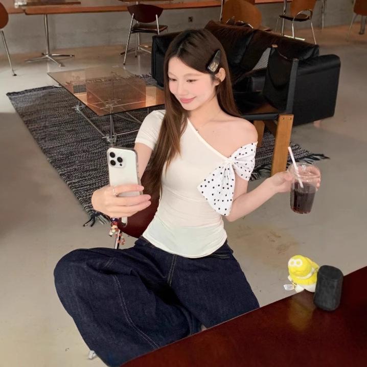 Asymmetrical Polka Dot Off-Shoulder Short Sleeve Top - Women's Summer Chic