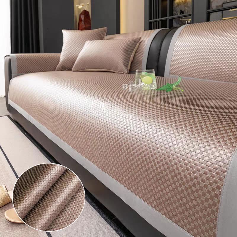 Summer Ice Sliky Fiber Fabric Sofa Cushion, Rectangular Non-Slip Fixed Mat, Light Luxury Cover for Summer Use Suitable for Living Room