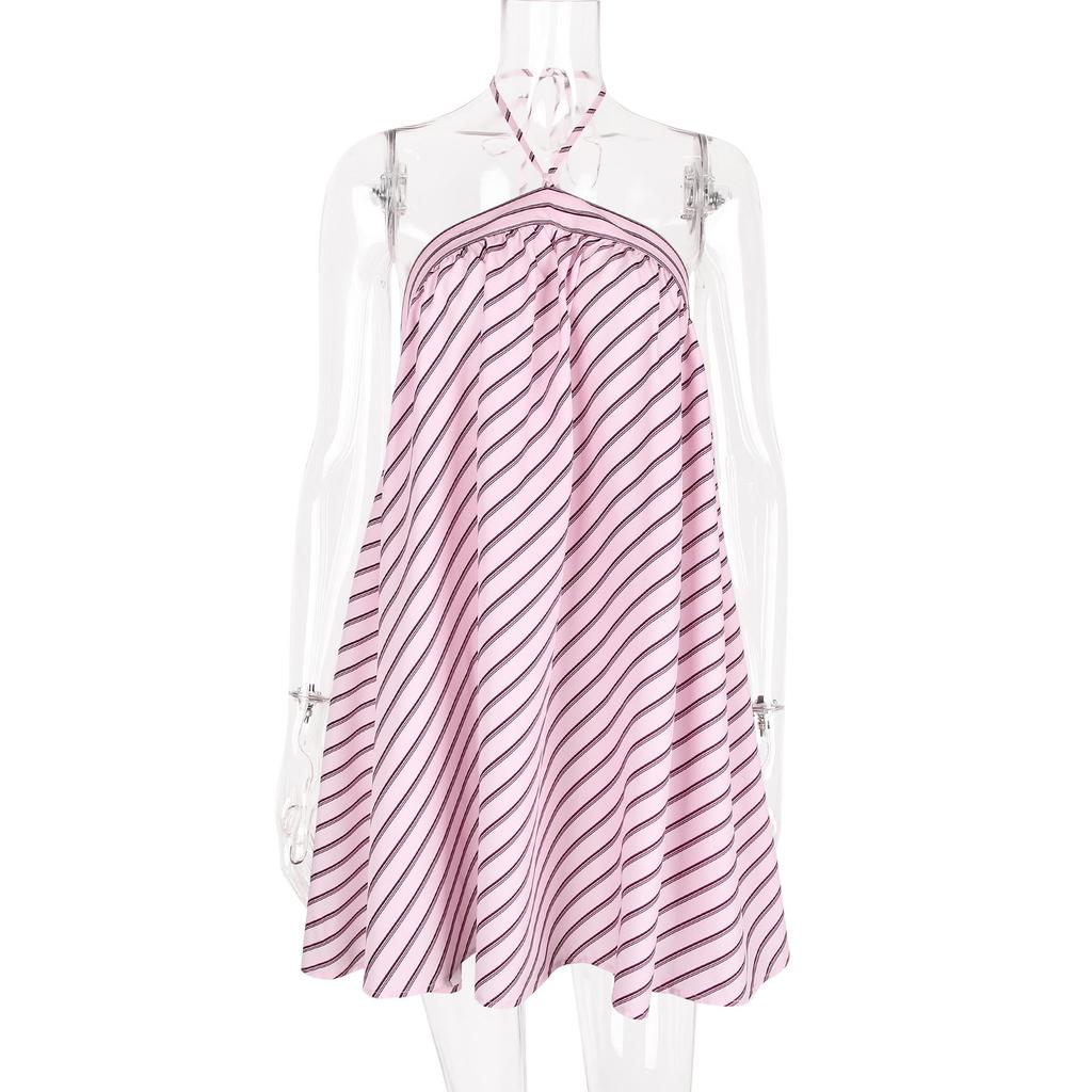 Women's Striped Halter Backless Dress - Spicy European and American Holiday Beachwear