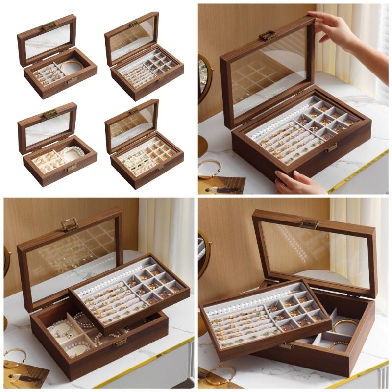 Walnut Wood Jewelry Organizer Box Moisture Proof Jewellery Holder Accessory Storage Container with Multiple Compartments