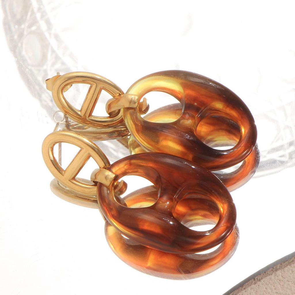 Amber Resin Pig Nose Buckle Dangle Earrings for Women - Retro 304 Stainless Steel Design
