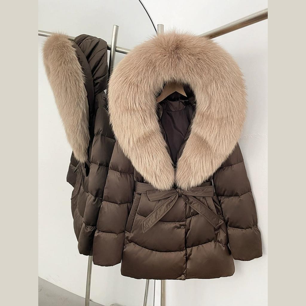 Winter Fox Big Fur Collar High-end Thickened Down Jacket Women's Mid-length Waist Imitation Leather Jacket