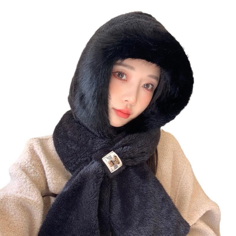 Cute Plush Hat Scarf Integrated Hat for Women In Winter Thick Windproof One Piece Hat Cold Warm Scarf Ear Protection Hat Trendy