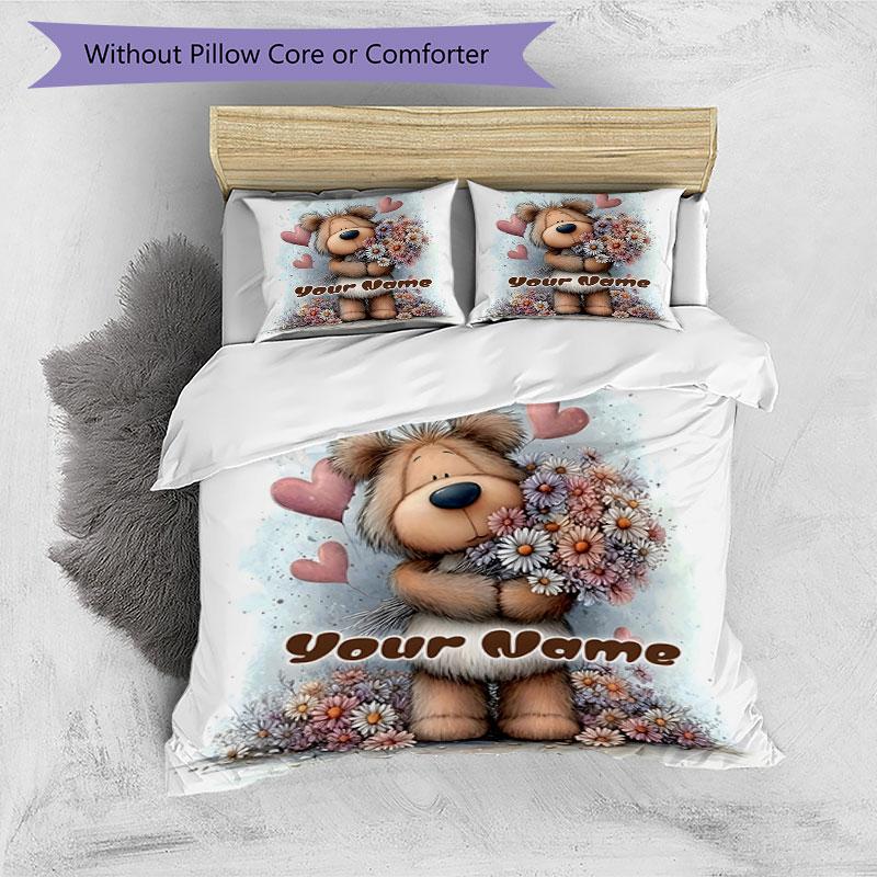 3PC Custom Name Love Bear Flowers Heart Bedding Set Printed Bedding Set Duvet Cover Closure Includes 1 Duvet Cover & 2 Pillowcases for All Seasons Bed
