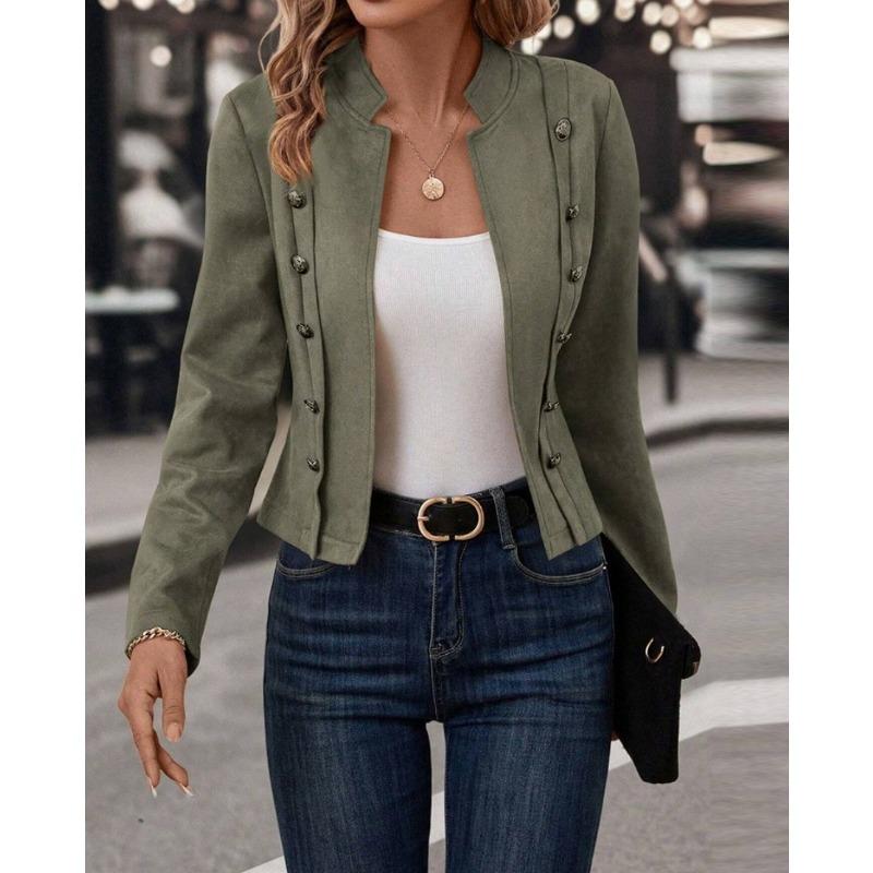 Jesienna Damska Jednokolorowa Dwurzędowa Kurtka Ozdobna Skóra Jelenia Vintage Kurtka z Długim Rękawem